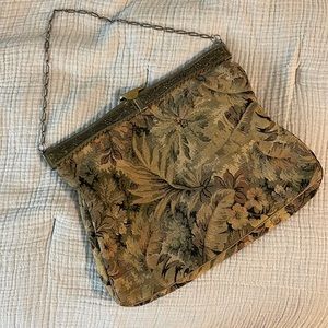 Antique Vintage Tapestry Purse with Silver tone Chain Strap and Brass Clasp
